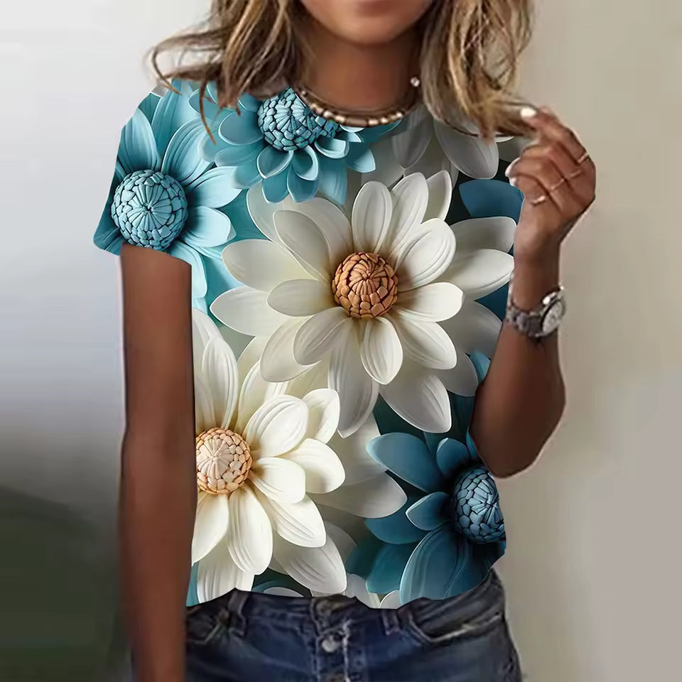 Elegant Round Neck 3d Floral Printing Short Sleeve Tees Tops Mssza