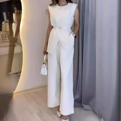 Elegant Round Neck Belt Sleeveless High Waist Tops Solid Wide Leg Long Pants Slim Fit Two Piece Pants Set Mssza