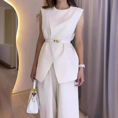 Elegant Round Neck Belt Sleeveless High Waist Tops Solid Wide Leg Long Pants Slim Fit Two Piece Pants Set Mssza
