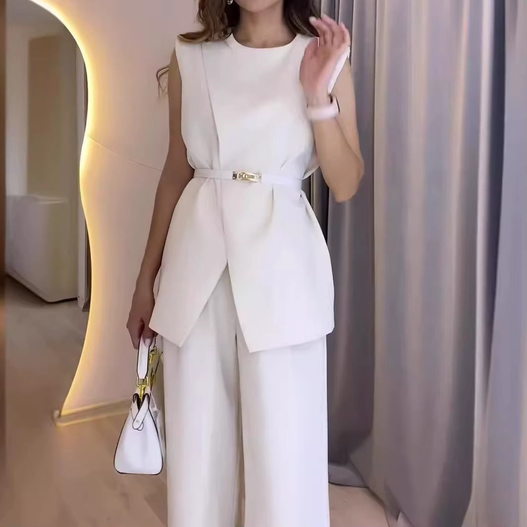 Elegant Round Neck Belt Sleeveless High Waist Tops Solid Wide Leg Long Pants Slim Fit Two Piece Pants Set Mssza