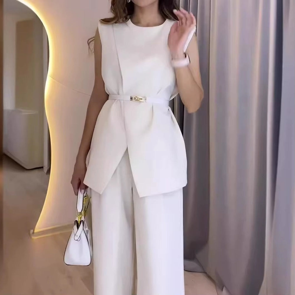 Elegant Round Neck Belt Sleeveless High Waist Tops Solid Wide Leg Long Pants Slim Fit Two Piece Pants Set Mssza