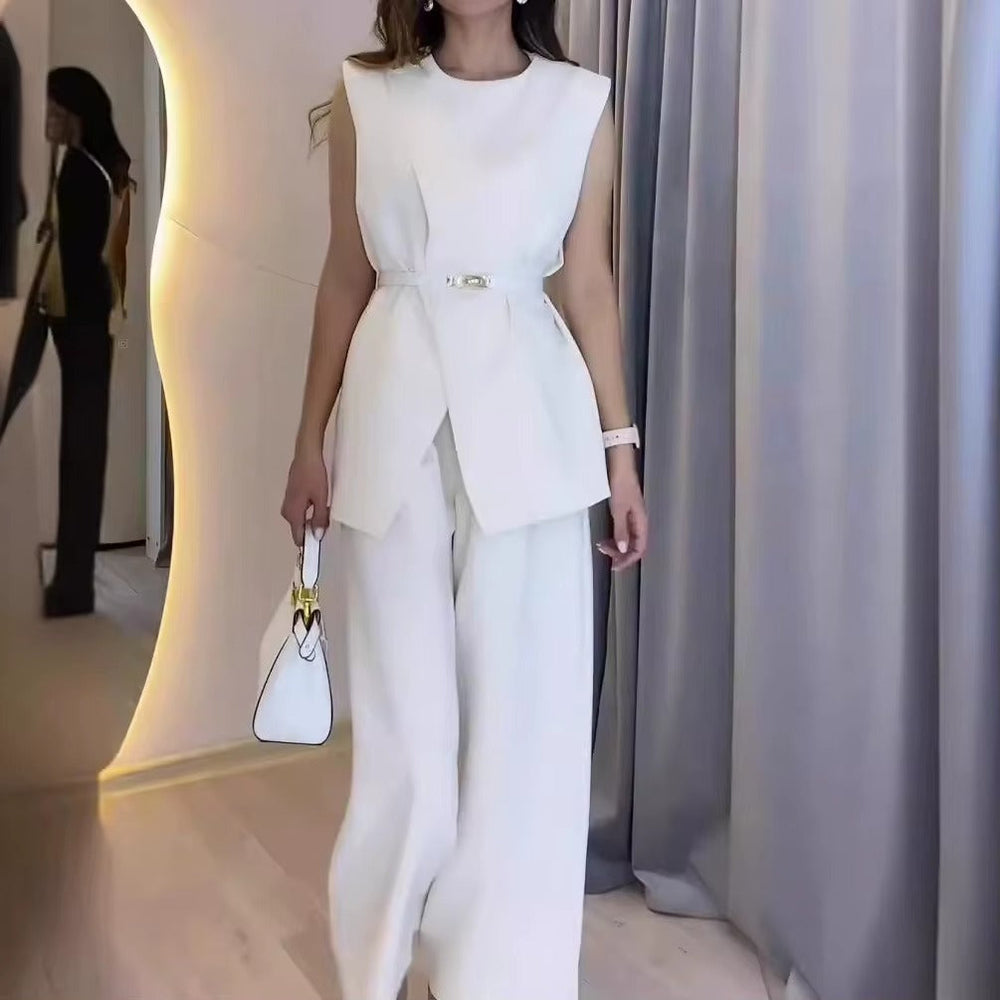 Elegant Round Neck Belt Sleeveless High Waist Tops Solid Wide Leg Long Pants Slim Fit Two Piece Pants Set Mssza