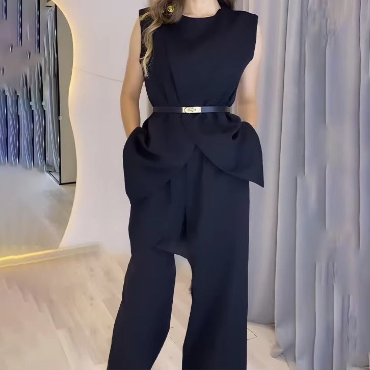 Elegant Round Neck Belt Sleeveless High Waist Tops Solid Wide Leg Long Pants Slim Fit Two Piece Pants Set Mssza
