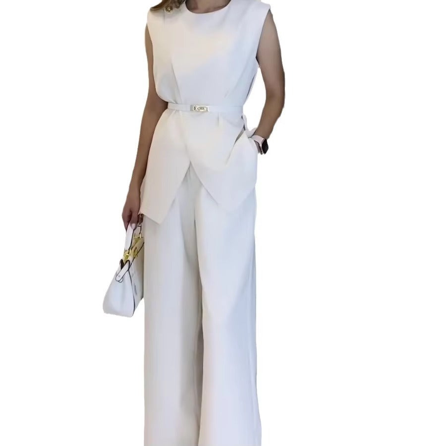 Elegant Round Neck Belt Sleeveless High Waist Tops Solid Wide Leg Long Pants Slim Fit Two Piece Pants Set Mssza
