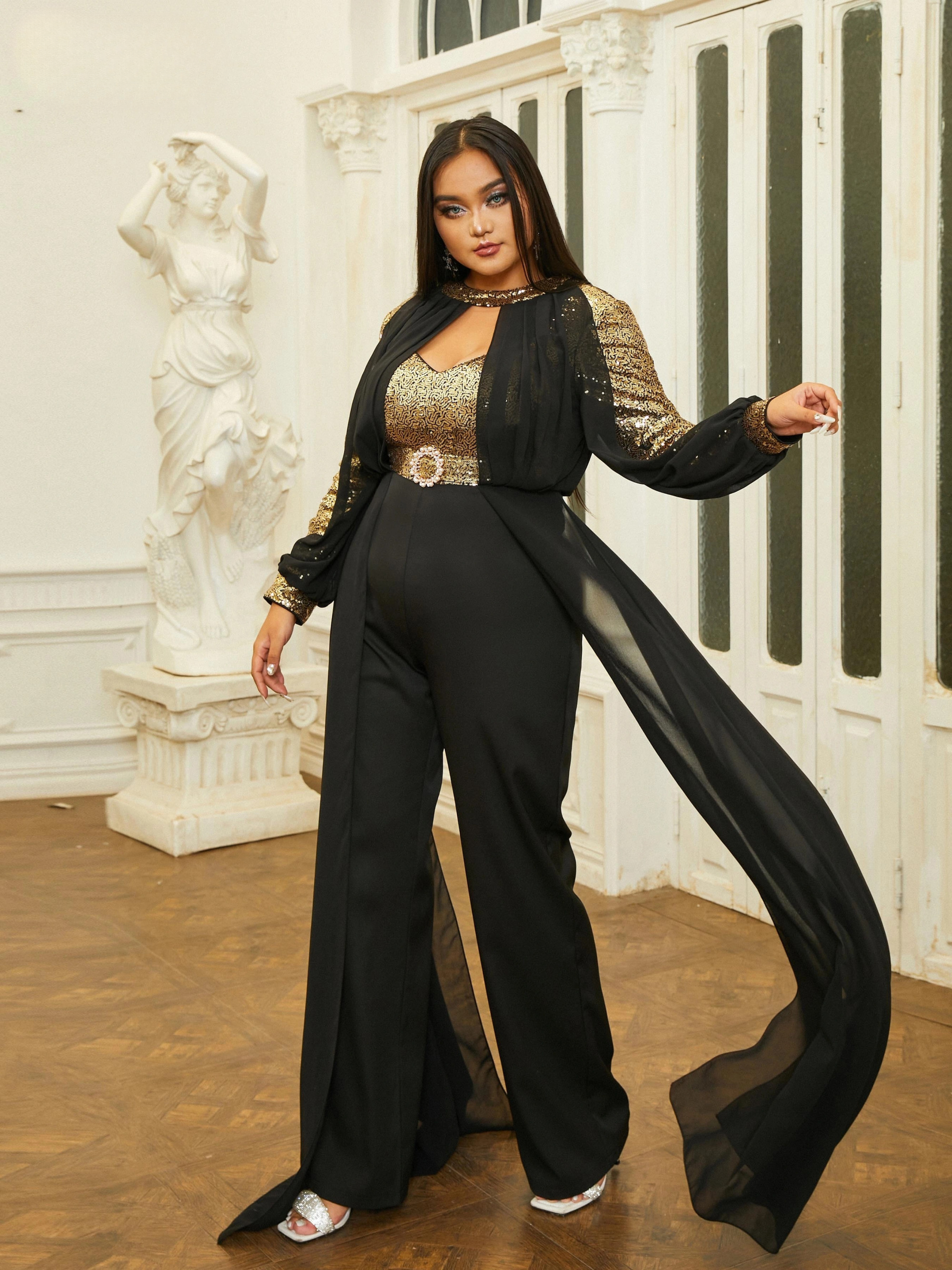Elegant Round Neck Long Sleeved Sequin Plus Size Jumpsuit Mssza