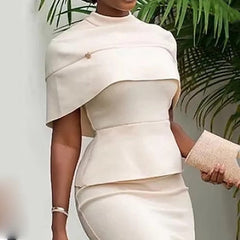 Elegant Round Neck Solid Color Top Knee Length Skiny High Waist Skirts Mssza