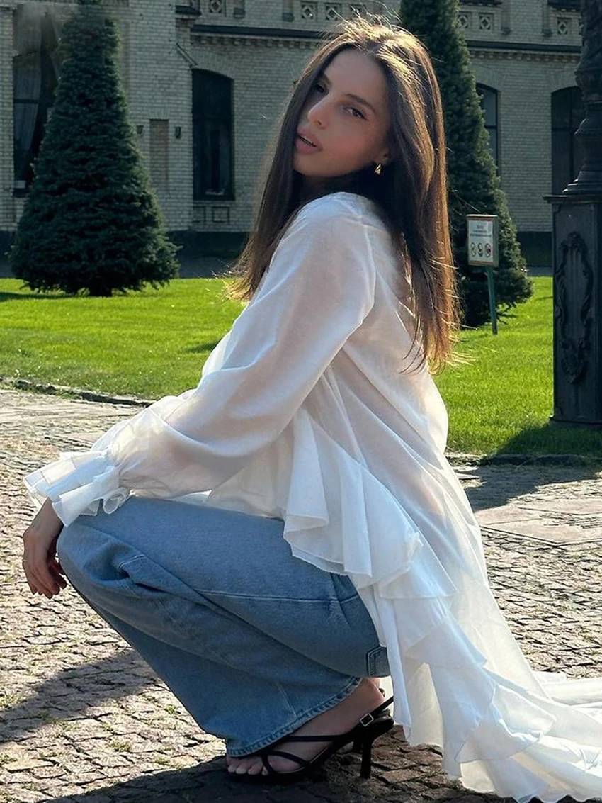 Elegant Pullover Ruffle Irregular V-Neck Long Sleeve Loose Shirts Mssza