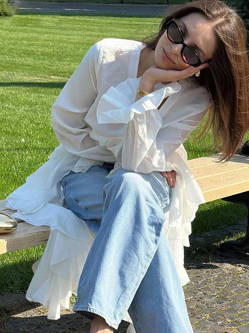 Elegant Pullover Ruffle Irregular V-Neck Long Sleeve Loose Shirts Mssza