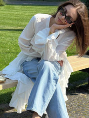 Elegant Pullover Ruffle Irregular V-Neck Long Sleeve Loose Shirts Mssza