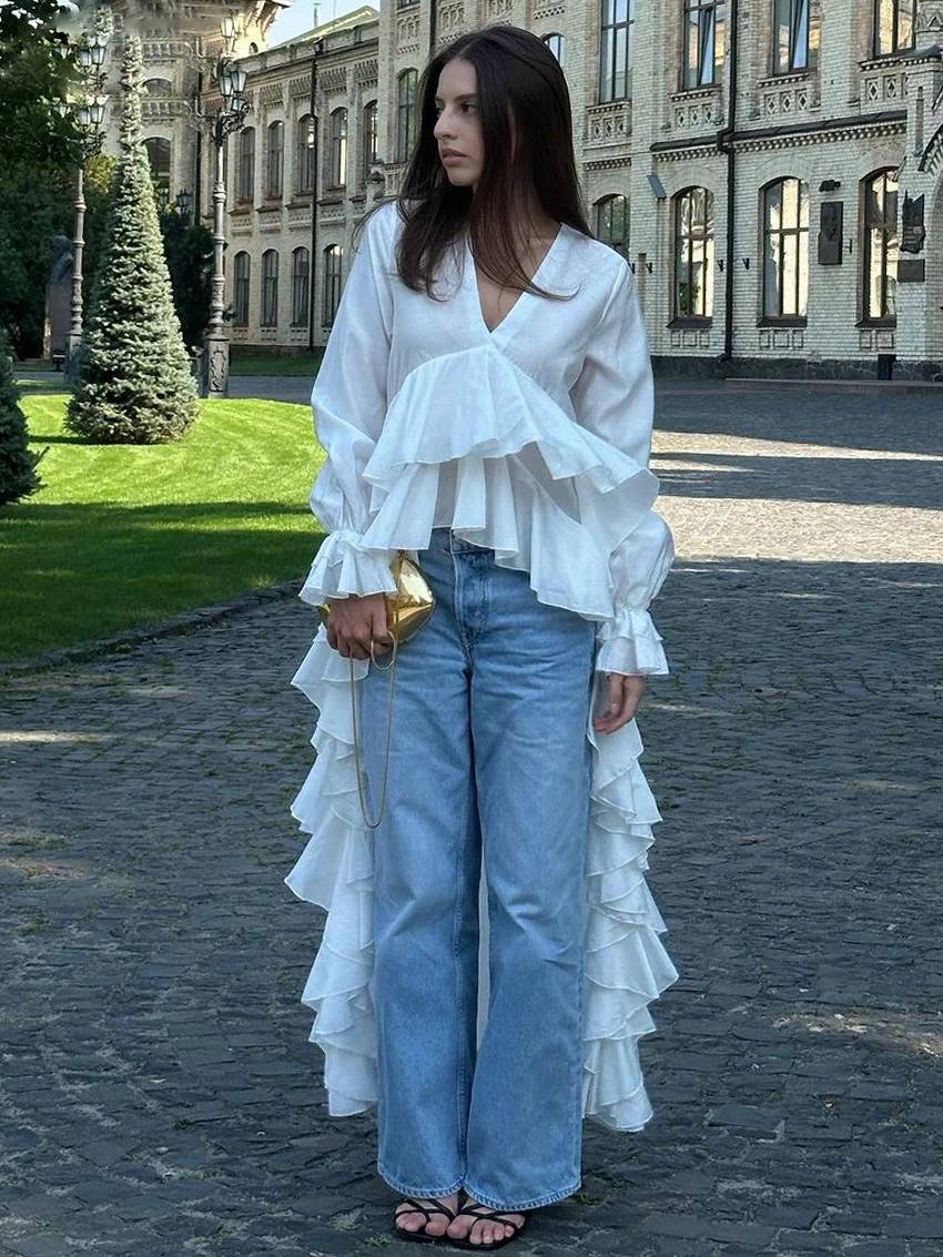 Elegant Pullover Ruffle Irregular V-Neck Long Sleeve Loose Shirts Mssza