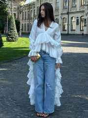 Elegant Pullover Ruffle Irregular V-Neck Long Sleeve Loose Shirts Mssza