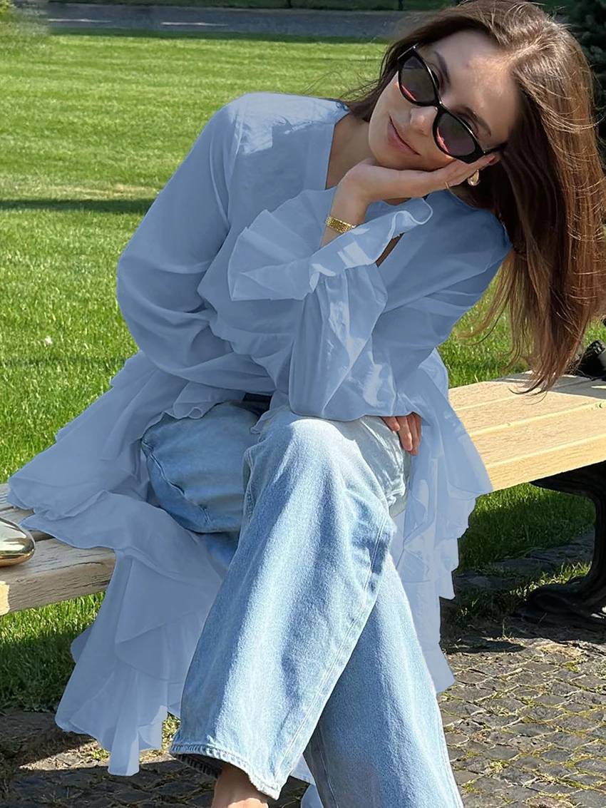 Elegant Pullover Ruffle Irregular V-Neck Long Sleeve Loose Shirts Mssza