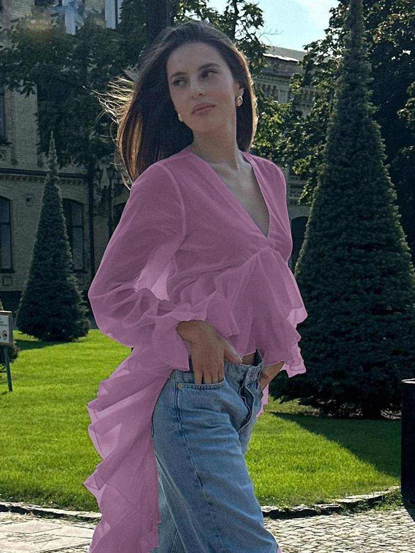 Elegant Pullover Ruffle Irregular V-Neck Long Sleeve Loose Shirts Mssza
