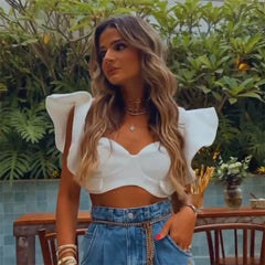 Elegant Ruffle Solid Navel Sweet Style Skinny Short Sleeve Club Party Tank tops Mssza