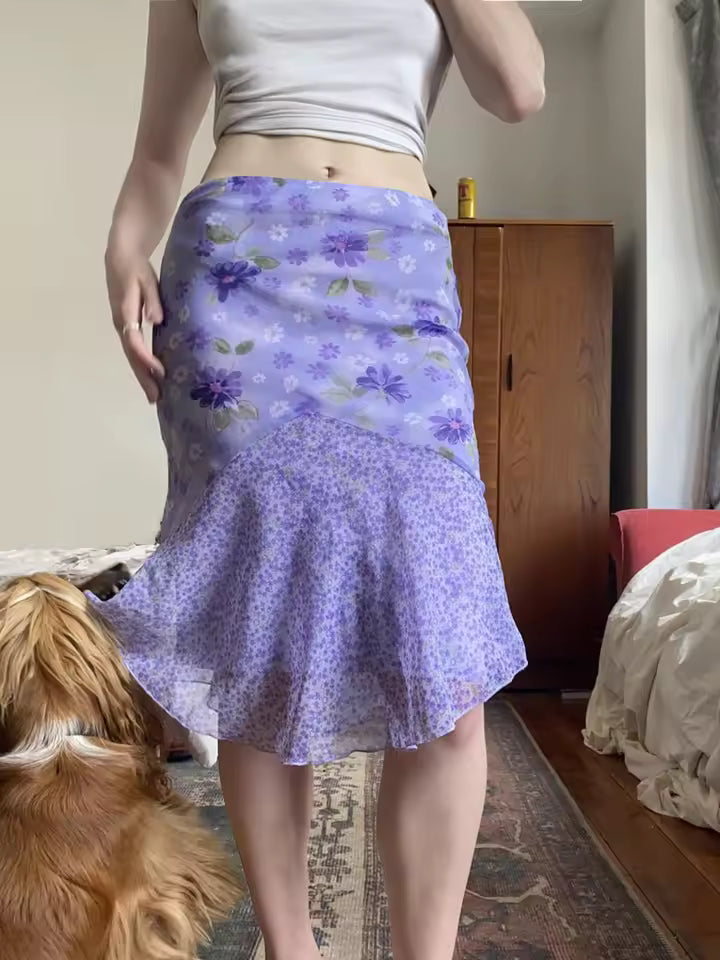 Elegant Ruffle Trim Mermaid  Design Flora Prints Skirts Mssza