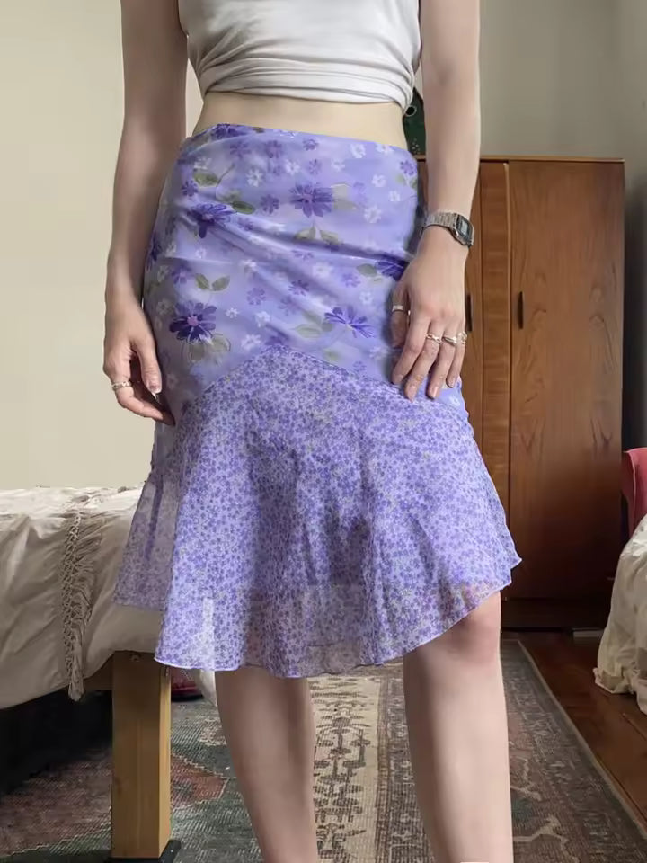 Elegant Ruffle Trim Mermaid  Design Flora Prints Skirts Mssza