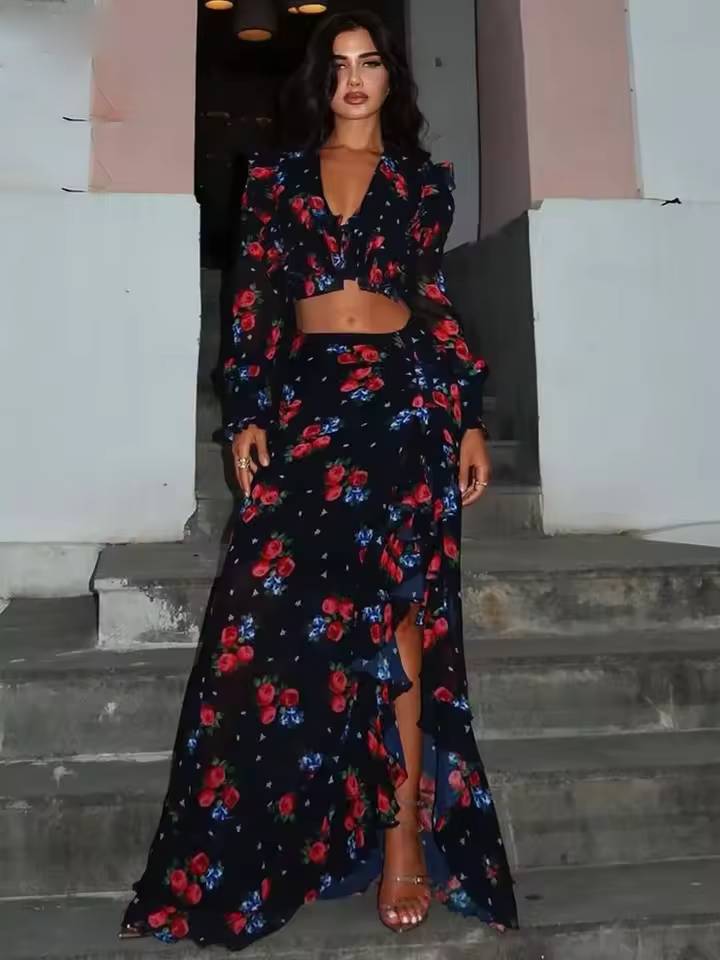 Elegant Ruffled Crop Shirts And Side Slit Floor-Length Skirts Two Piece Set Mssza