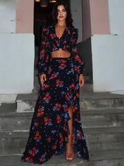 Elegant Ruffled Crop Shirts And Side Slit Floor-Length Skirts Two Piece Set Mssza