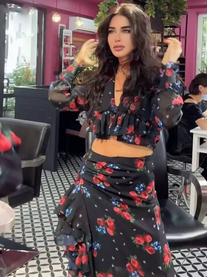 Elegant Ruffled Crop Shirts And Side Slit Floor-Length Skirts Two Piece Set Mssza