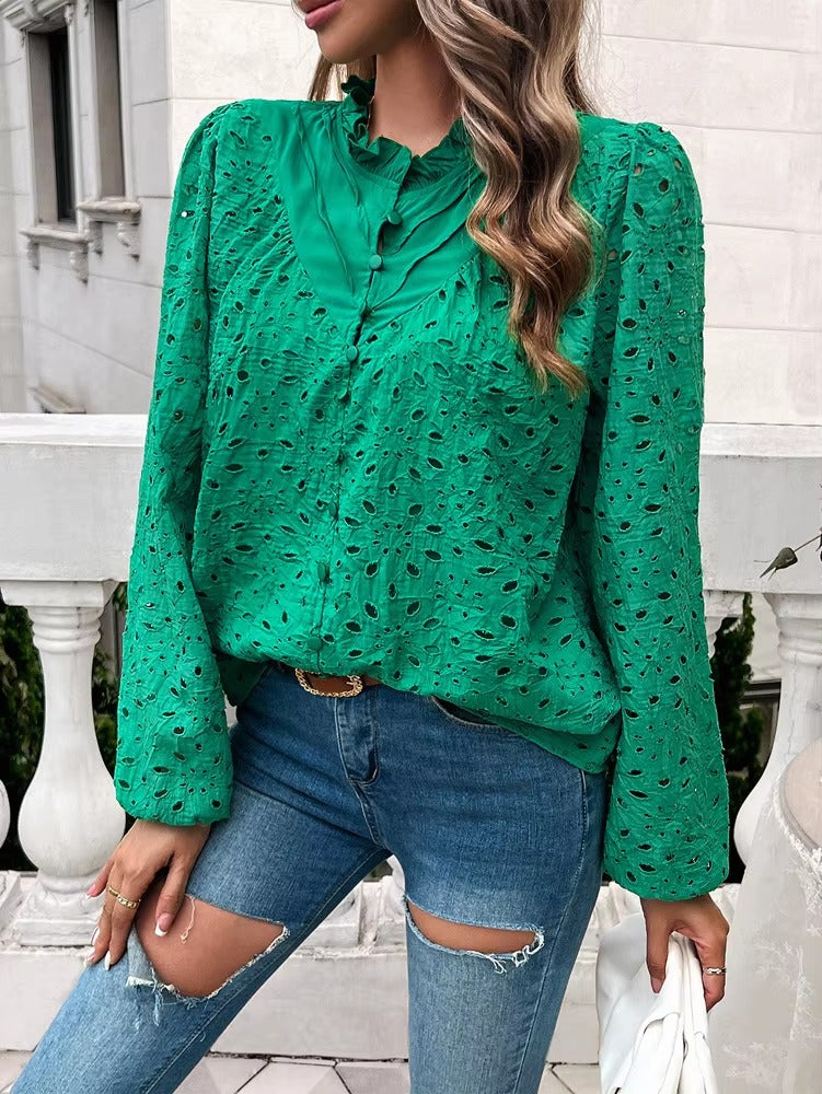 Elegant Ruffled Hollow Out Puff Sleeve Loose Fit Shirt Mssza