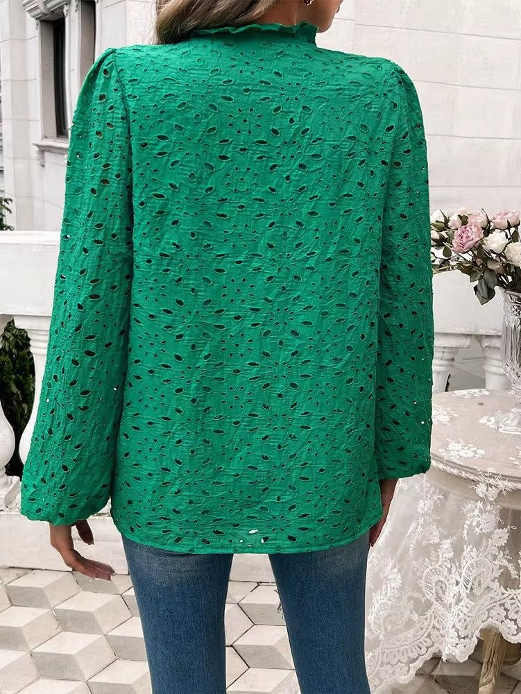 Elegant Ruffled Hollow Out Puff Sleeve Loose Fit Shirt Mssza