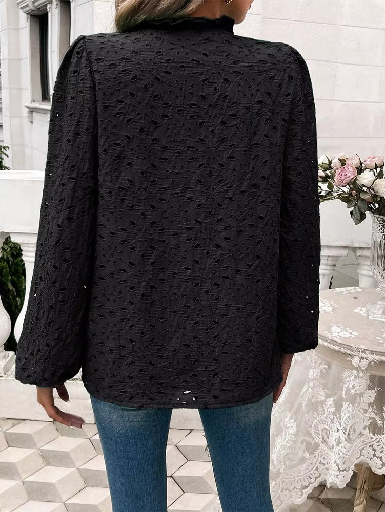 Elegant Ruffled Hollow Out Puff Sleeve Loose Fit Shirt Mssza