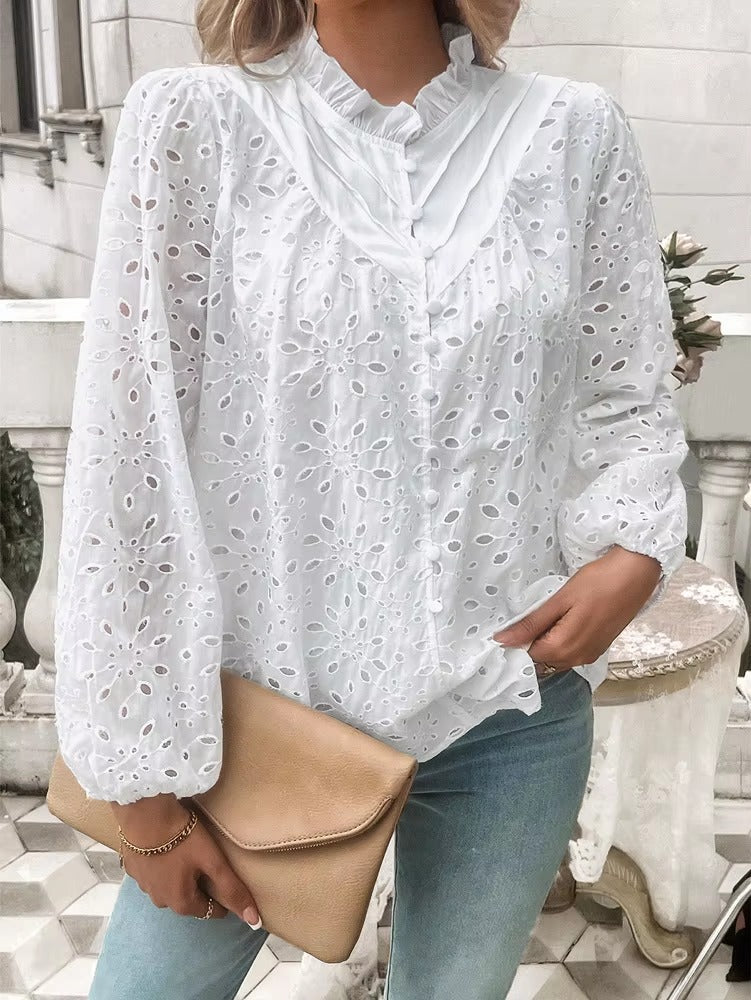 Elegant Ruffled Hollow Out Puff Sleeve Loose Fit Shirt Mssza