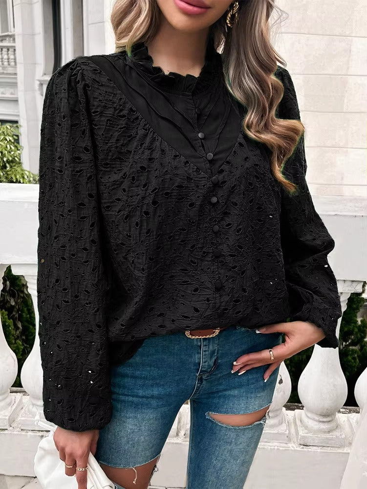 Elegant Ruffled Hollow Out Puff Sleeve Loose Fit Shirt Mssza