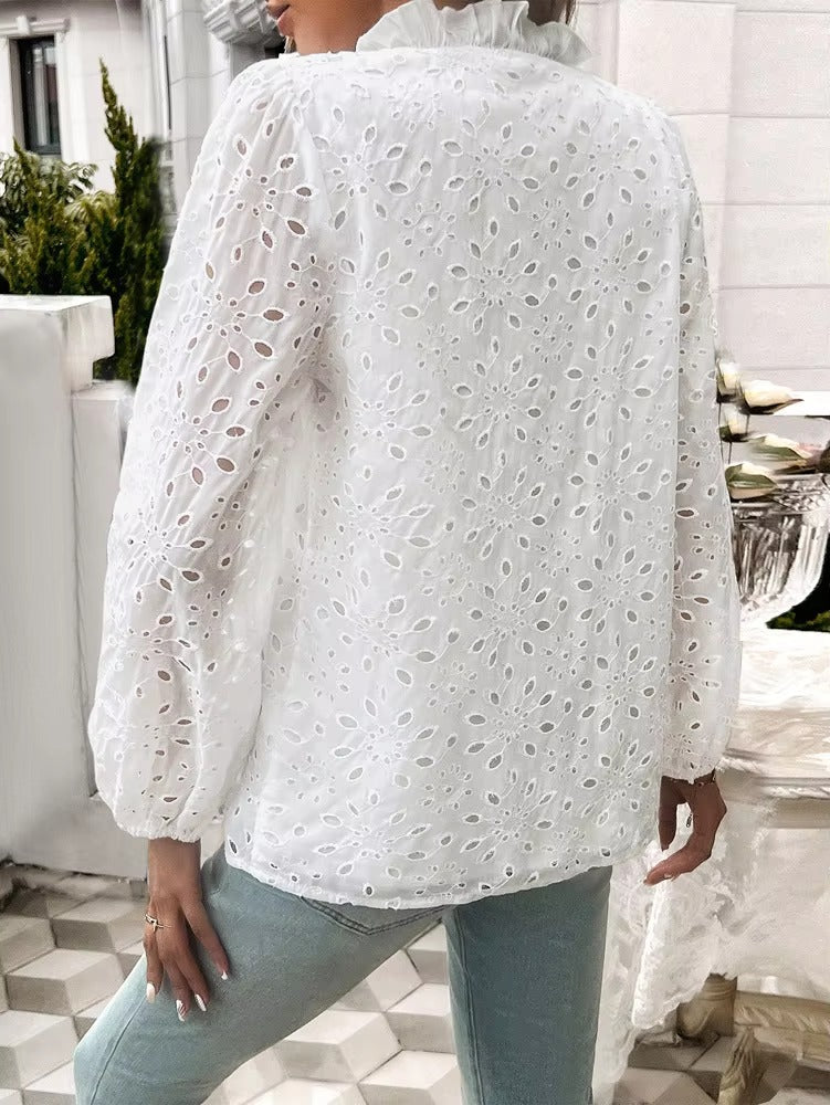 Elegant Ruffled Hollow Out Puff Sleeve Loose Fit Shirt Mssza