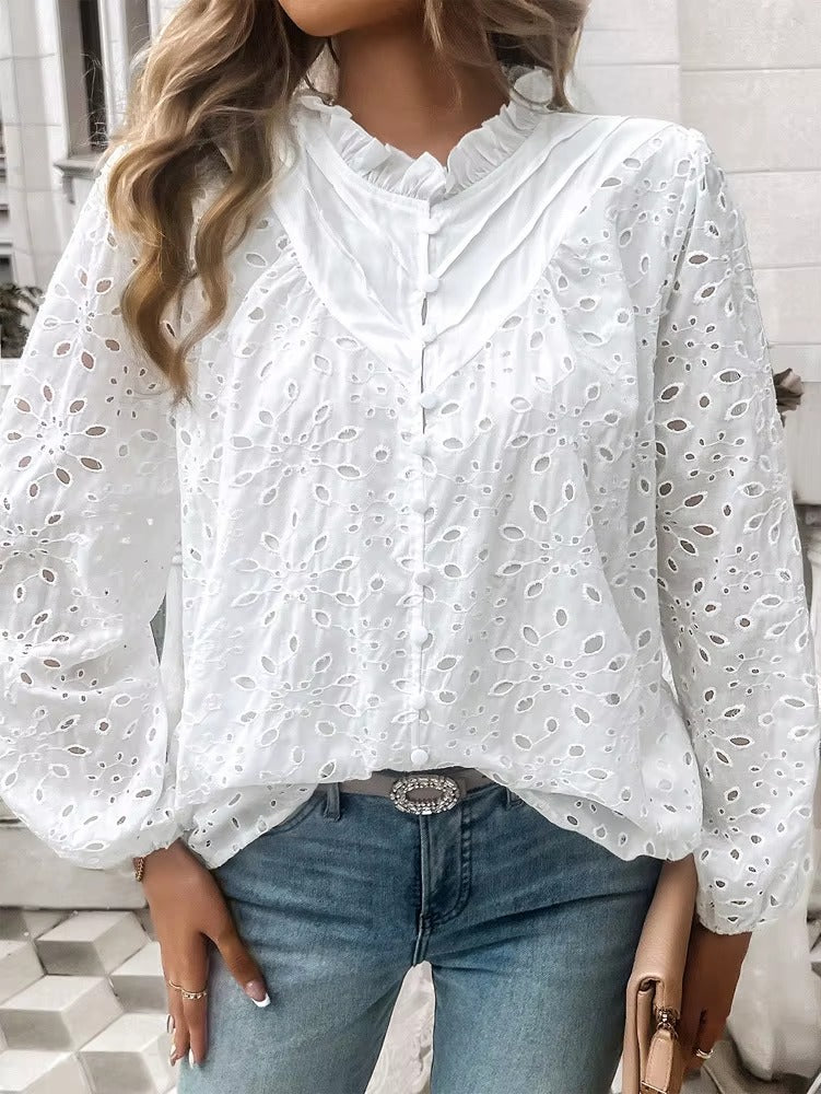 Elegant Ruffled Hollow Out Puff Sleeve Loose Fit Shirt Mssza