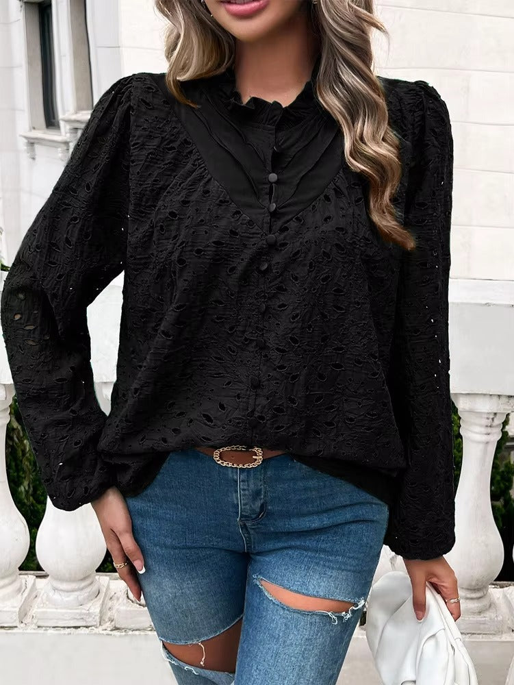 Elegant Ruffled Hollow Out Puff Sleeve Loose Fit Shirt Mssza