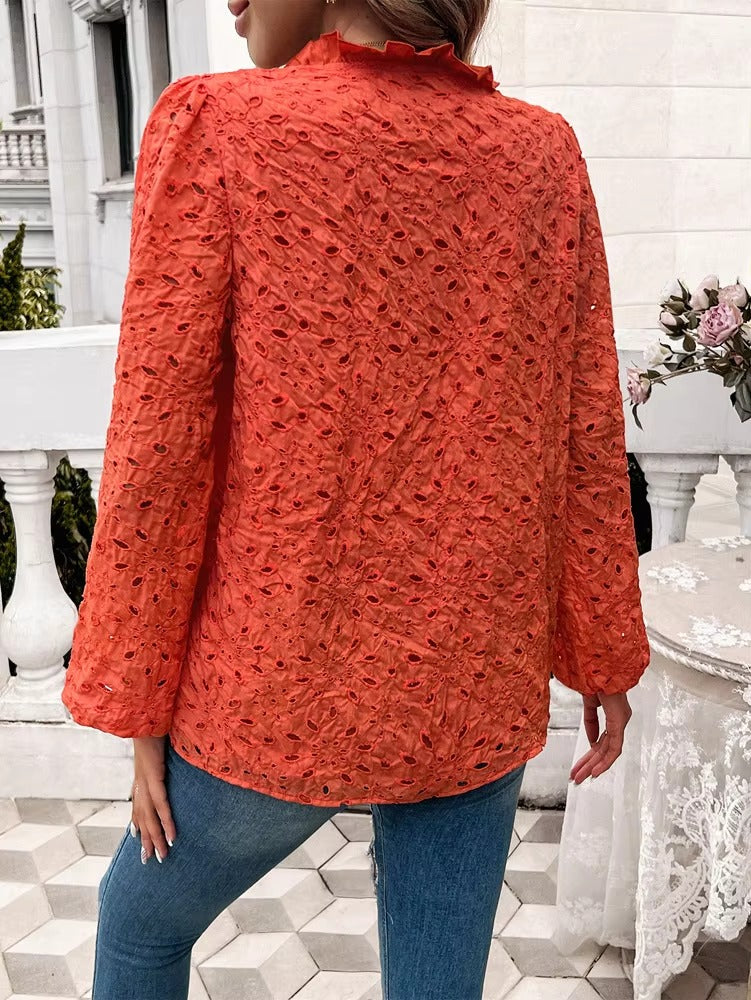 Elegant Ruffled Hollow Out Puff Sleeve Loose Fit Shirt Mssza