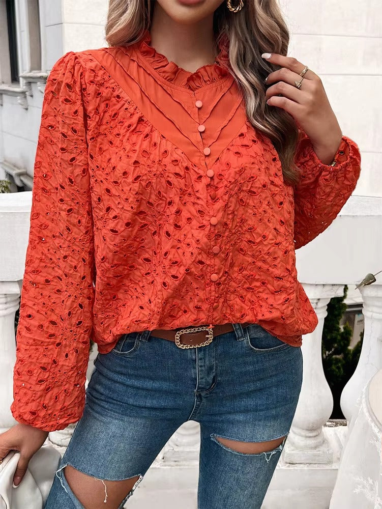 Elegant Ruffled Hollow Out Puff Sleeve Loose Fit Shirt Mssza