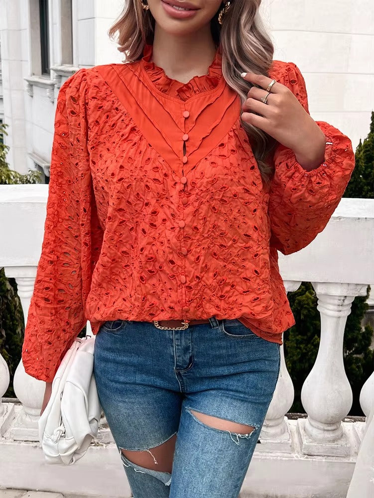 Elegant Ruffled Hollow Out Puff Sleeve Loose Fit Shirt Mssza