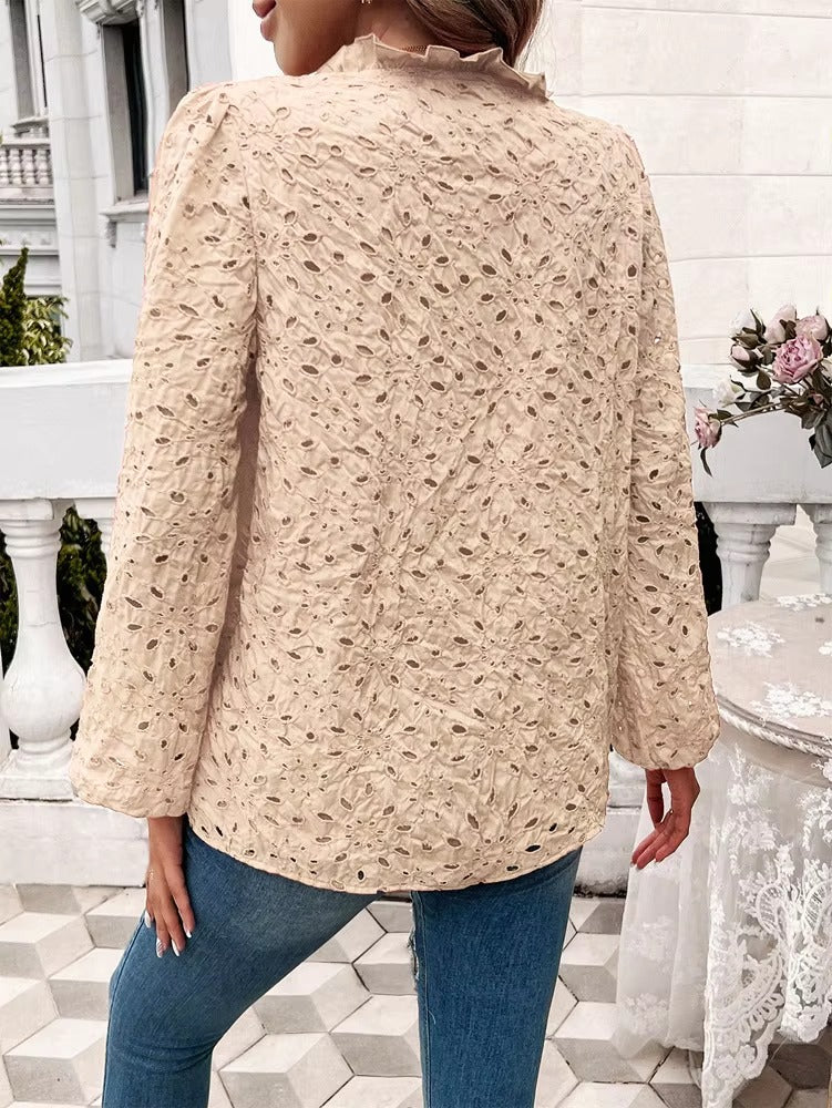 Elegant Ruffled Hollow Out Puff Sleeve Loose Fit Shirt Mssza