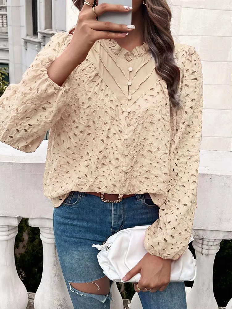 Elegant Ruffled Hollow Out Puff Sleeve Loose Fit Shirt Mssza