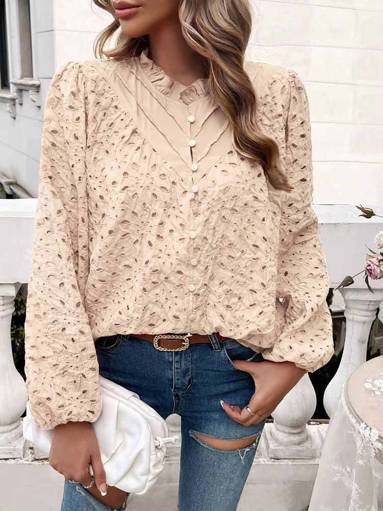 Elegant Ruffled Hollow Out Puff Sleeve Loose Fit Shirt Mssza