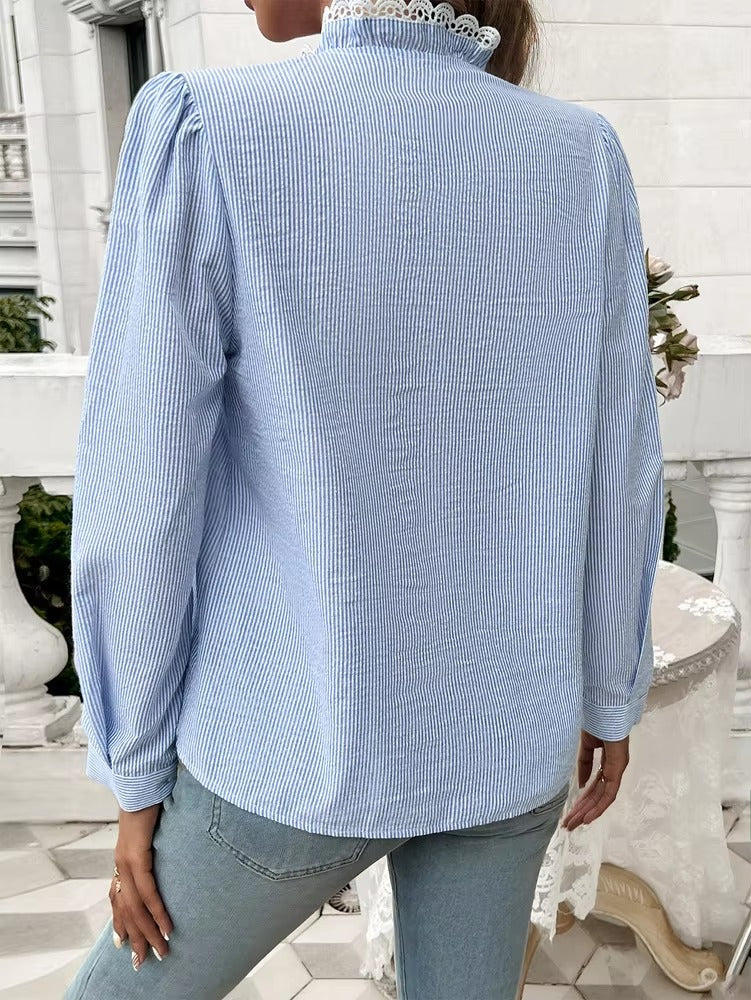 Elegant Ruffled Single Breasted Stand Collar Button Office Lady Shirts Tops Mssza