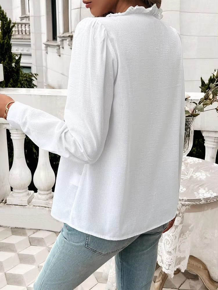 Elegant Ruffled Single Breasted Stand Collar Button Office Lady Shirts Tops Mssza
