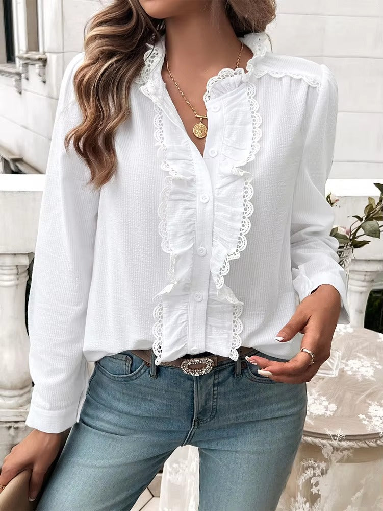Elegant Ruffled Single Breasted Stand Collar Button Office Lady Shirts Tops Mssza