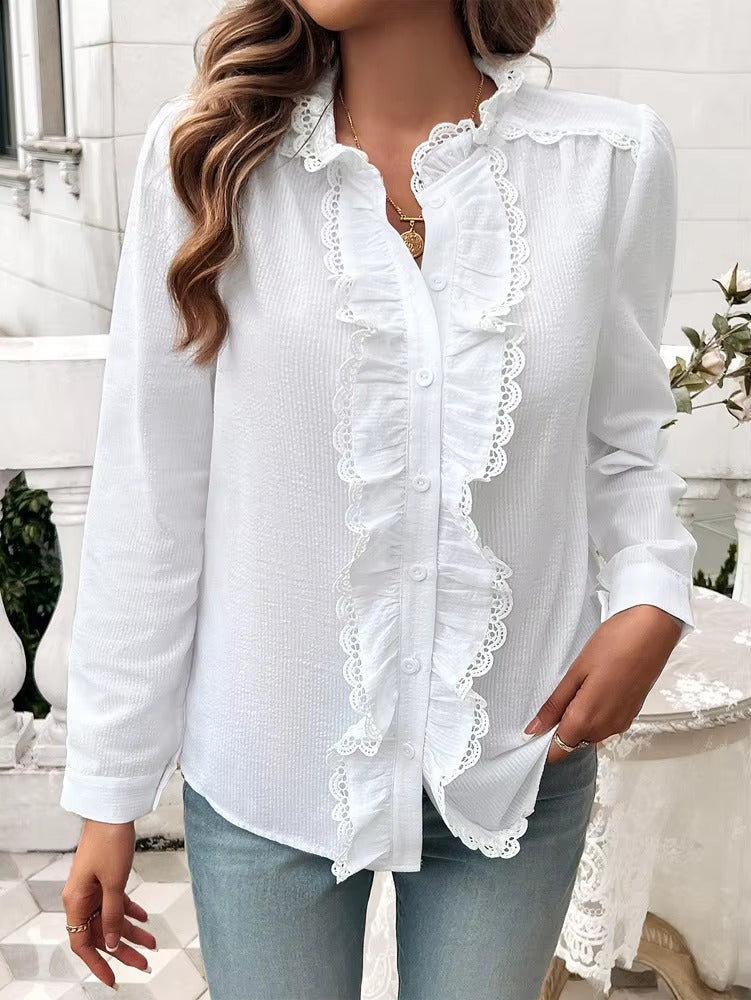 Elegant Ruffled Single Breasted Stand Collar Button Office Lady Shirts Tops Mssza