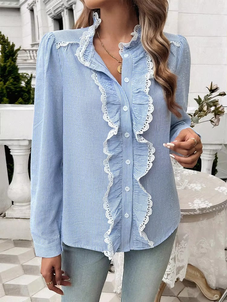 Elegant Ruffled Single Breasted Stand Collar Button Office Lady Shirts Tops Mssza
