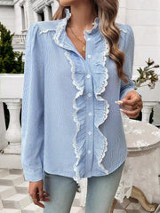 Elegant Ruffled Single Breasted Stand Collar Button Office Lady Shirts Tops Mssza