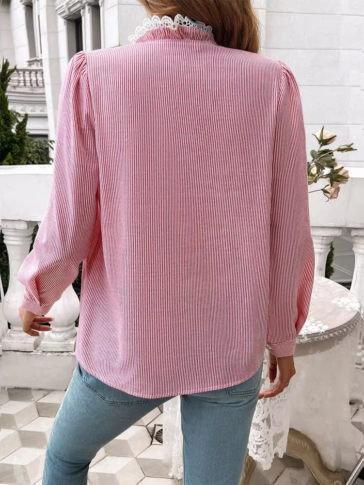 Elegant Ruffled Single Breasted Stand Collar Button Office Lady Shirts Tops Mssza