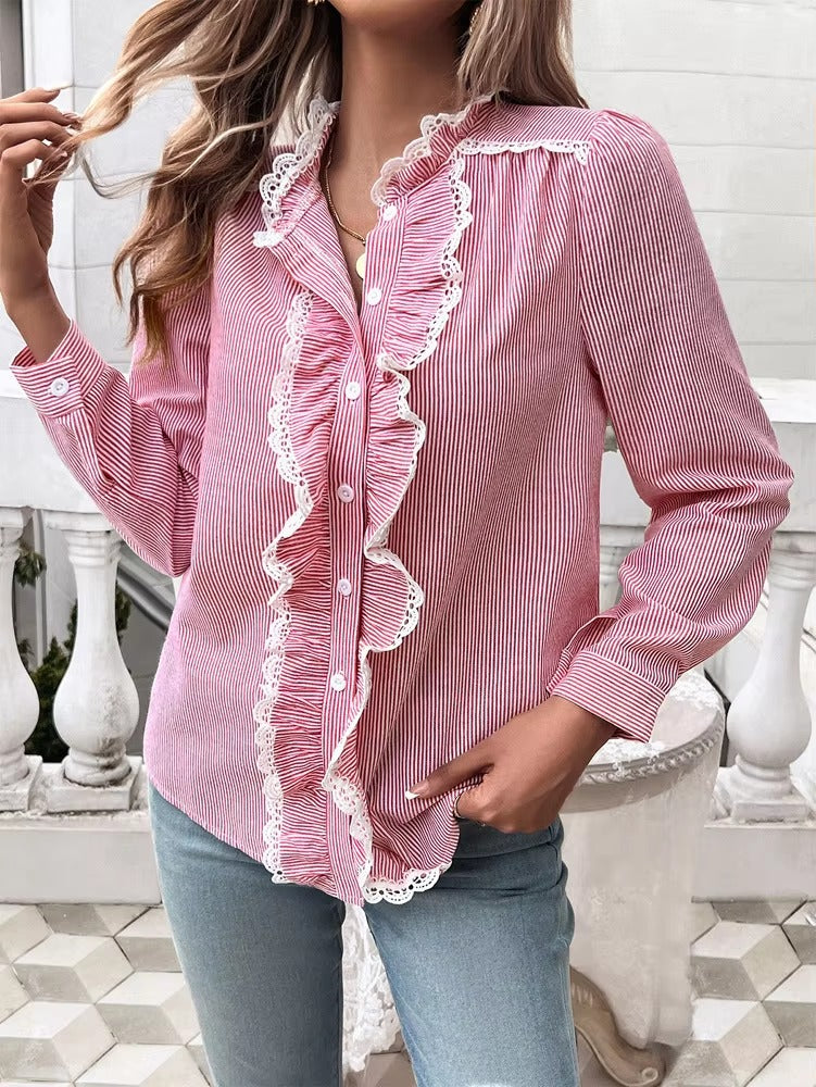 Elegant Ruffled Single Breasted Stand Collar Button Office Lady Shirts Tops Mssza