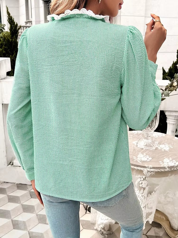 Elegant Ruffled Single Breasted Stand Collar Button Office Lady Shirts Tops Mssza
