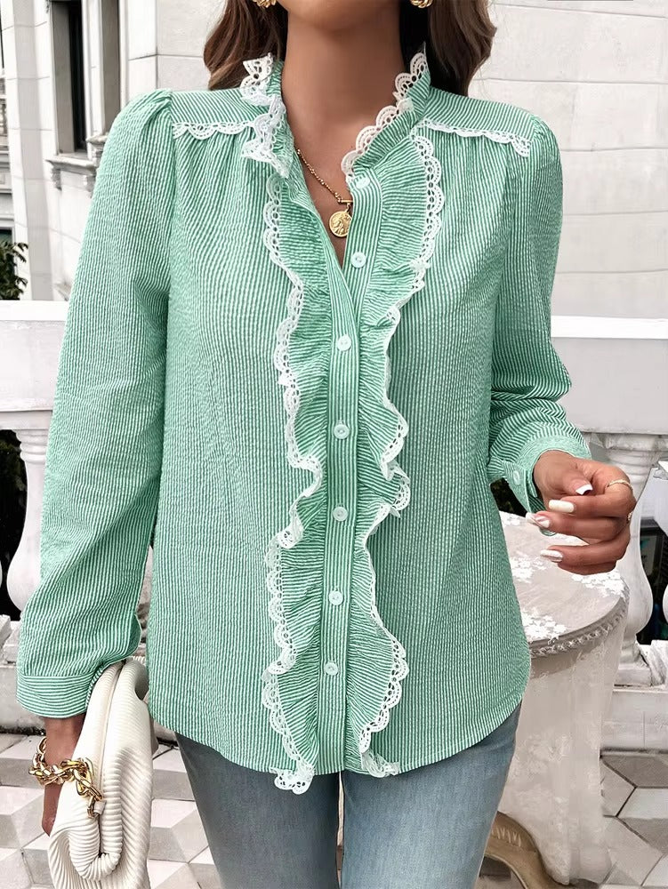 Elegant Ruffled Single Breasted Stand Collar Button Office Lady Shirts Tops Mssza
