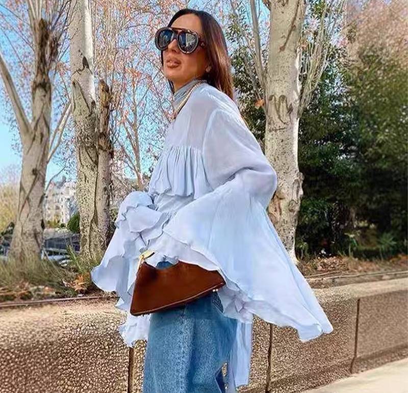 Elegant Ruffled Turtleneck Flare Long Sleeve Pullover Loose Shirt Mssza