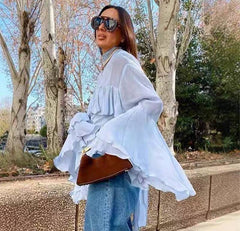 Elegant Ruffled Turtleneck Flare Long Sleeve Pullover Loose Shirt Mssza