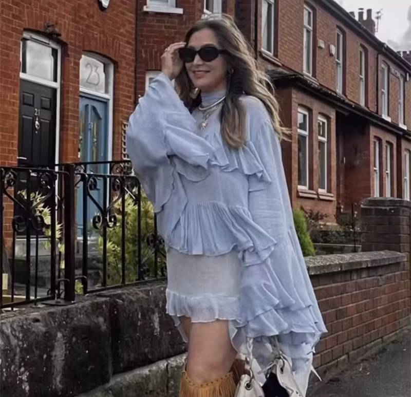 Elegant Ruffled Turtleneck Flare Long Sleeve Pullover Loose Shirt Mssza
